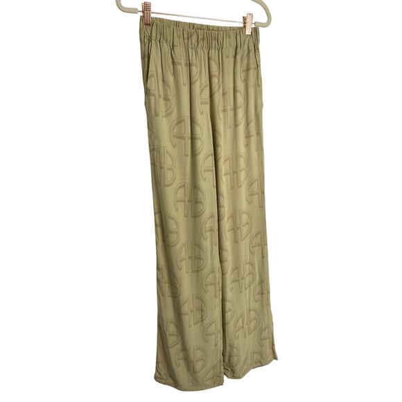 Anine Bing Owen Celadon Monogram Print Pants Wide Leg Elastic Waist Khaki Sz XS - Picture 4 of 11